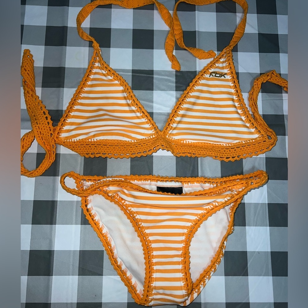 Reebok orange/white striped crochet bikini Large​